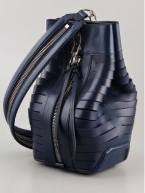 Alexander Wang Navy Cut-Strip Leather Messenger Bucket Bag